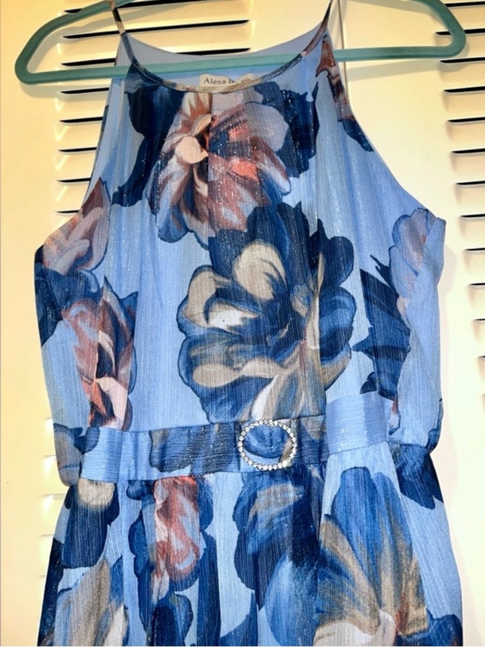 Alexa B Nites Blue Floral Mesh Halter Maxi Dress Rhinestone Buckle 12P - Picture 5 of 5